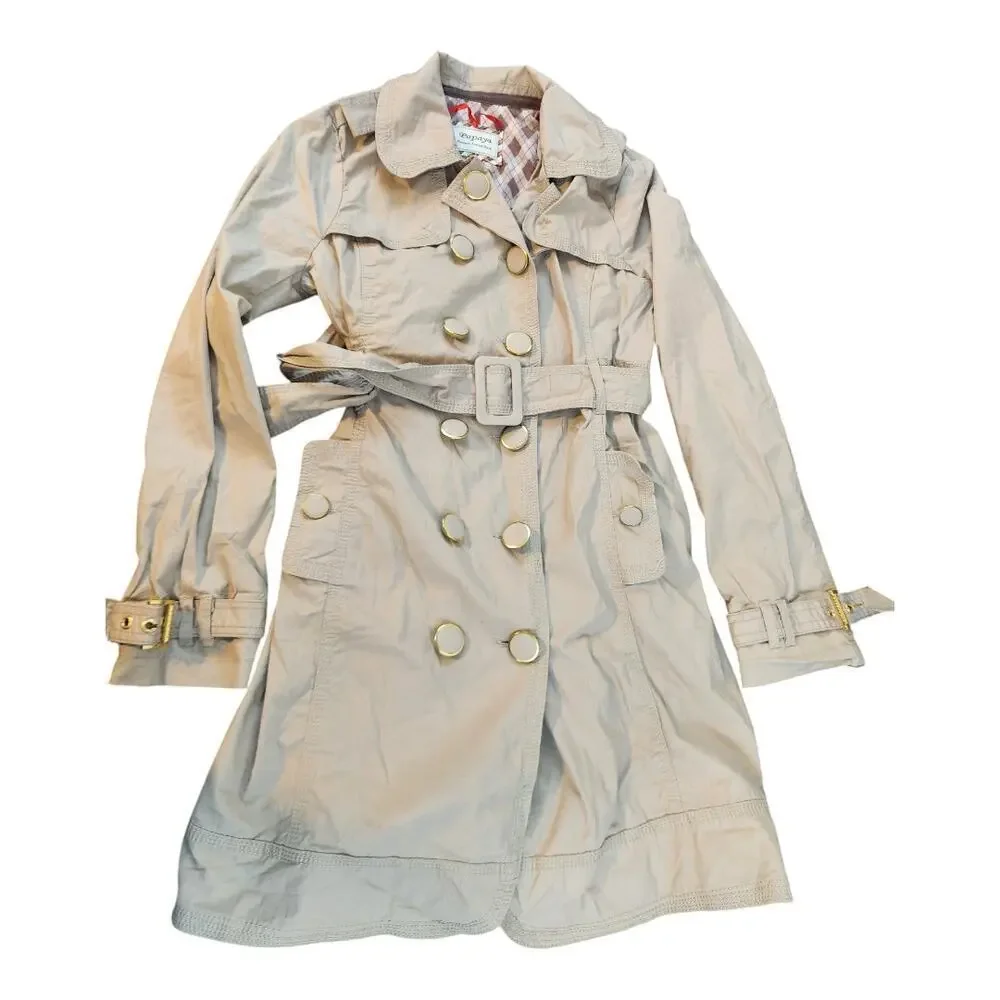 Papaya womens trench coat jacket tan gold‎ trim sz large belt